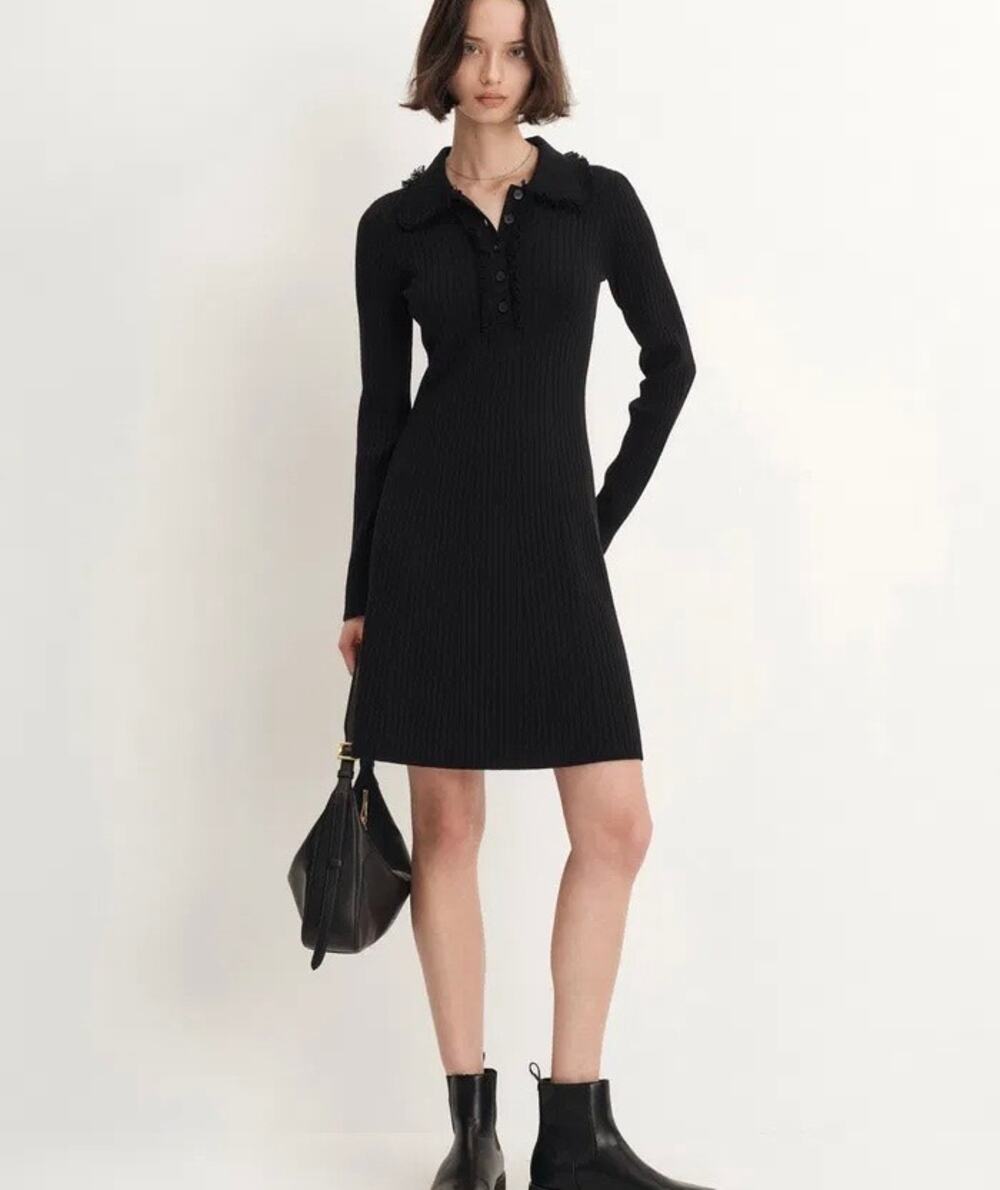 Aritzia Sunday Best Black Ribbed Knit Collar Polo Midi Dress Long Sleeve Buttons